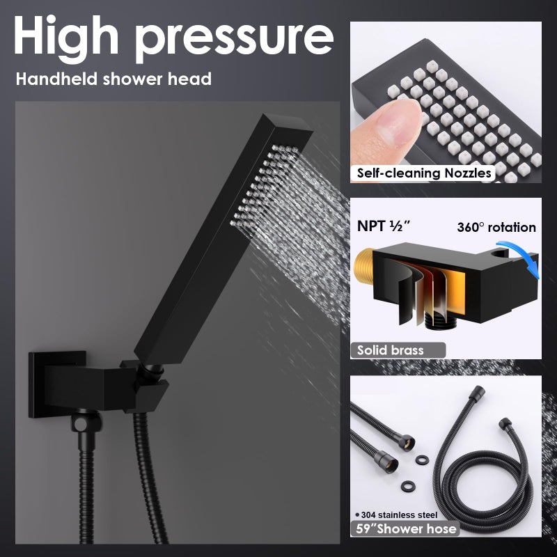 ENGA Square Matte Black Solid Brass Eco-Performance Hand Held Shower Head with Wall Connector and Hose Wall Mount Handheld Showerheads Set - Image 5